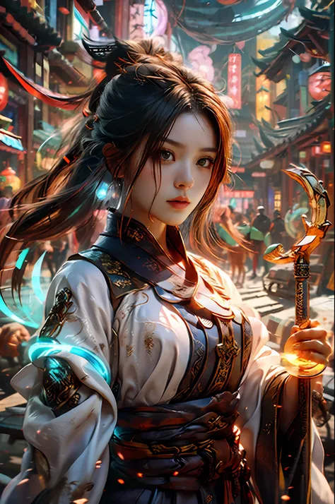 Best Quality, Masterpiece, Ultra High Resolution, (Realistic: 1.4), Xiuxian, Weapon, Detailed Face, .1 Girl, Solo, Weapon, (Magic Circle: 1.2), Xiuxian, Upper Body, Beautiful Girl, East Asian Architecture, Sheath, Architecture,.