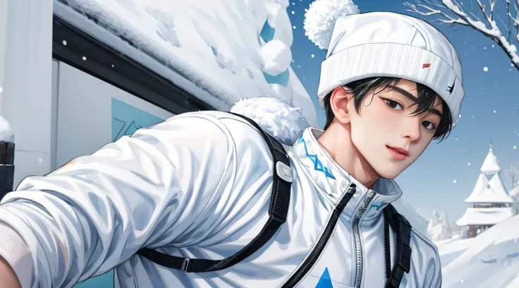 masterpiece, 1 boy, frozen，white ski suit，，white snow cap，chineseidol，run in the snow，on the left side of the screen， shy, face ...