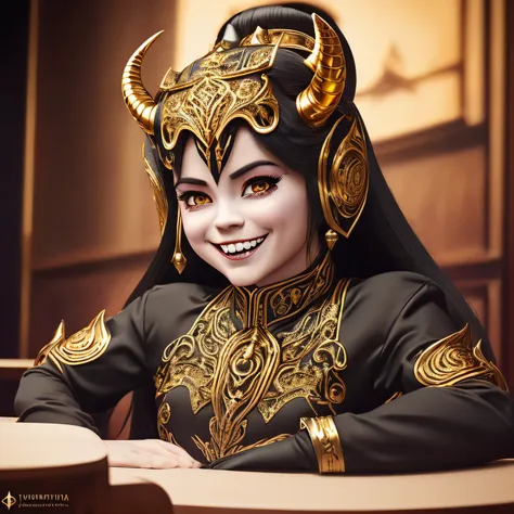 ultra realistic ulher with blonde hair with horns and horns on her head sitting at a table, menina anime demon, 2. 5 d cgi anime...