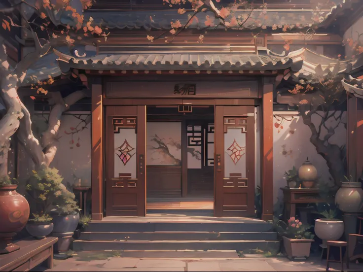 (antique interior design), Chinese home furnishings, round porch, depth, symmetrical design, ((antique carved door beams, carved beam paintings, tables and chairs, bonsai, vases, porcelain, trees, flowers, Chinese lamps, embroidery, screens, beds, cushions...