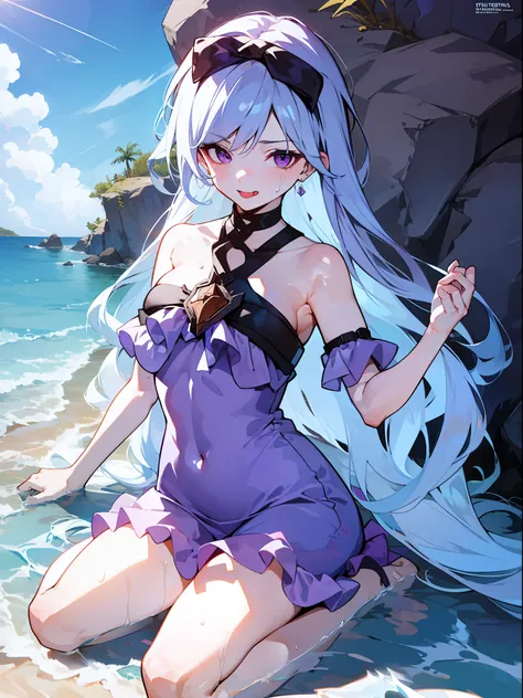 a girl with a hot body in a purple dress with purple hair inspired by the arena of valors sinestrea making a watery face ahegao stick out her tongue and sweat on the sea,(full body can be seen)