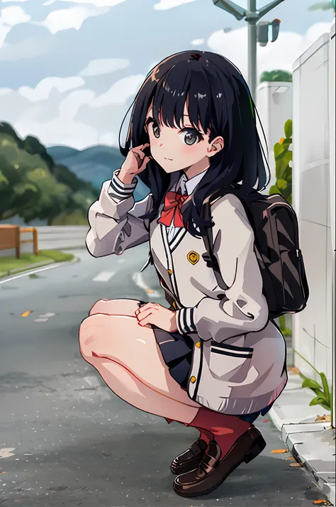 masterpiece, best quality, 1girl, solo, skirt, bag, outdoors, jacket, squatting, socks, shoes, looking at viewer, brown footwear, school uniform, plaid, loafers, blazer, brown hair, plaid skirt, black socks, long sleeves, bangs, open clothes, open jacket, ...