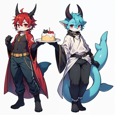 (CharacterDesignSheet,Same role,frontage,Lateral face,on back),Male stuffed animals,Capricorn shape,red - eyed,whaite hair,Plate horns,A pair of furry ears,Bend your legs,Shark tail,There are gill lines on the waist,Blue-black gradient all over the body,T...