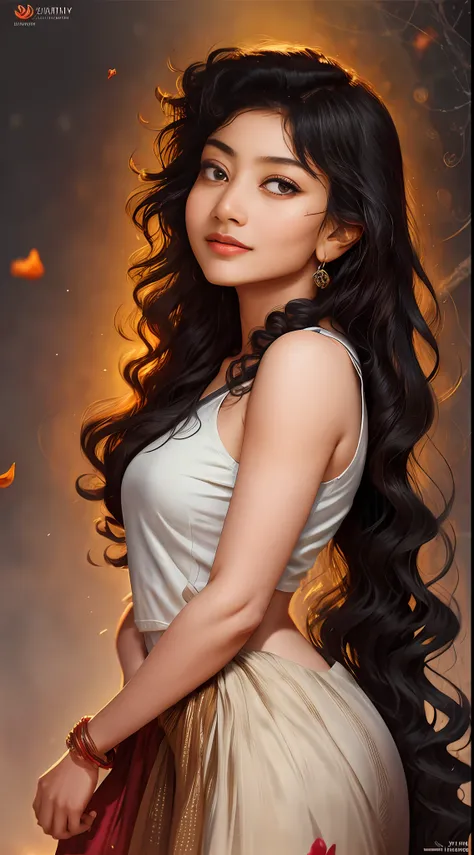 (best quality, masterpiece), young woman, pose, particle, wind, flower, upper body, simple background, looking at viewer, long curly windblown black hairs, galaxy,backlit,rimlight,beautiful artwork,perfect compositionsai pallavi