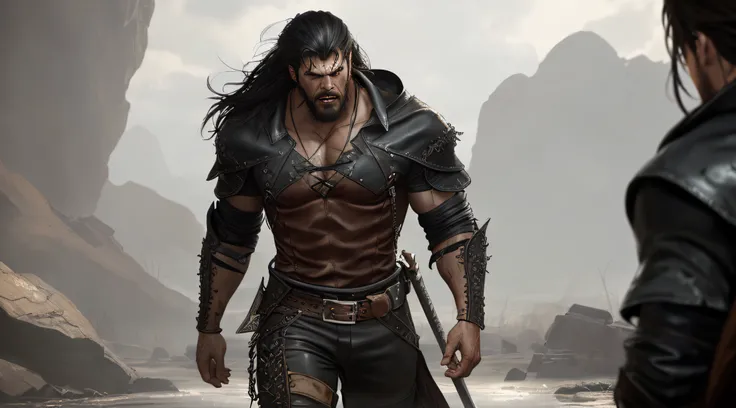 soft lustrous male hero, ((epic heroic fantasy muscular rugged wet hero angry looking with long hair and beard and fierce lookin...