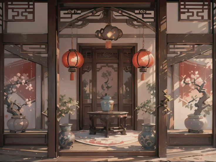 (antique interior design), Chinese home furnishings, round porch, depth, symmetrical design, ((antique carved door beams, carved beam paintings, tables and chairs, bonsai, vases, porcelain, trees, flowers, Chinese lamps, embroidery, screens, beds, cushions...