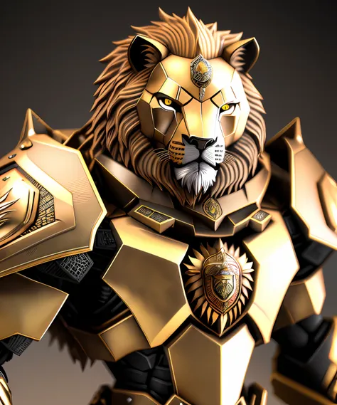 modelo 3d, lion in front, armadura, placas de metal, ouro, projetos intrincados,