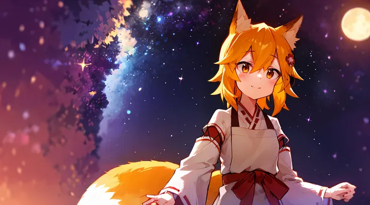 ultra-detailed starry night scene, extremely focused image, (detailed light: 1.05), a fox girl with orange hair, small stature, ...