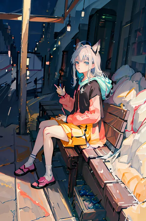 anime girl sitting on bench，there is a cat in front of him, style of anime4 k, anime style illustration, anime style. 8k, guviz-...