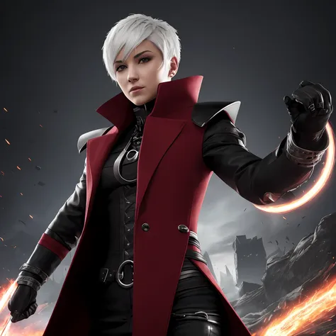 image of a woman with short white hair with bangs thrown to the side in a crimson overcoat with black clothes and metal bracelet...