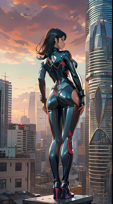 Masterpiece, best quality, 8k, octane render, A girl standing on building top, big boobs, natural boobs, saggy boobs, body details, shiny body, perfect figure, supermodel body, hero view,( full body:1.3) latex suit,outfit-gantz, latex breast curtains, bla...