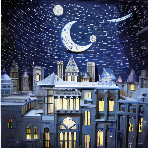 there is a paper cut of a building，there is a moon on it, arte em papel cortado, david wiesner, layered paper art, paper art, ci...