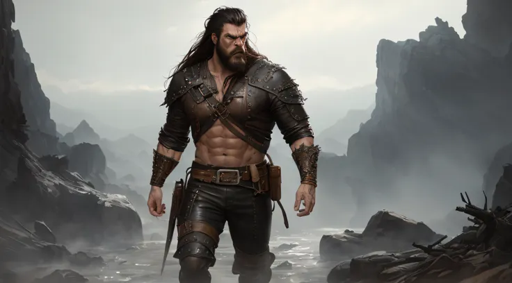 soft lustrous male hero, ((epic heroic fantasy muscular rugged wet hero angry looking with long hair and beard and fierce lookin...