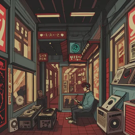 shot of a man listening to music with headphone in vinyl record shop, text large (why you), super detail, retro wave, cyberpunk,...