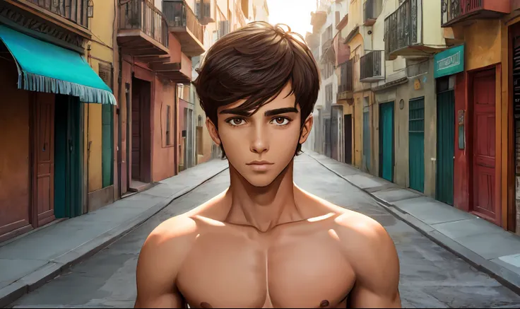 ojos finos y detallados,ultra realista,15-year-old boy with brown cinnamon skin, cuerpo atletico tonificado cabello liso,masculi...