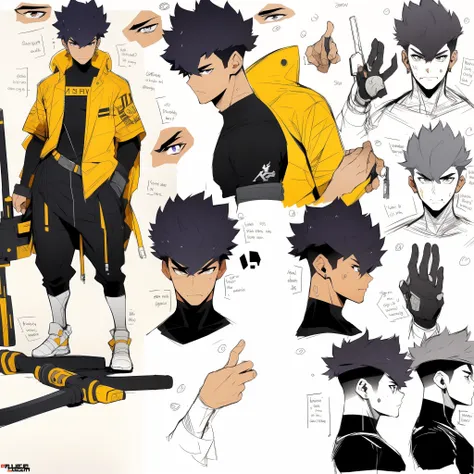 Yellow theme,Masterpiece,Best quality,offcial art,Extremely detailed Cg Unity 8K wallpaper,1 man,Tall figure,musculous,Armor, joy, Anger and sadness on various expressions,Single ponytail hairstyle,Glowing fist,Mechanical headphones,(((Yellow combat unifor...