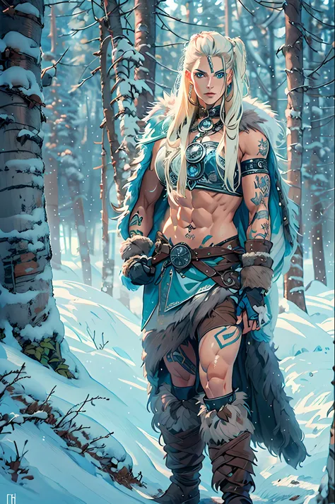 female viking, muscular, wearing furs and hides, blue norse tattoos, blue eyes, platinum blonde hair. setting is a scandinavian ...