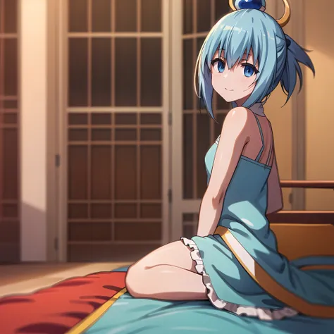 best quality, (master part:1.2), altamente detalhado, cama,
1girl, sozinho, aqua do anime konosuba, boca fechada,  looking at th...