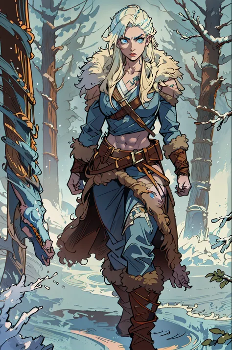 Female viking, young, (muscular:1.2), wearing brown furs and hides, blue norse tattoos, blue eyes, platinum blonde hair. Setting is a Scandinavian forest in winter, bare arms, exposed naval, (abs:1.2). Highly detailed, norse, berserker.