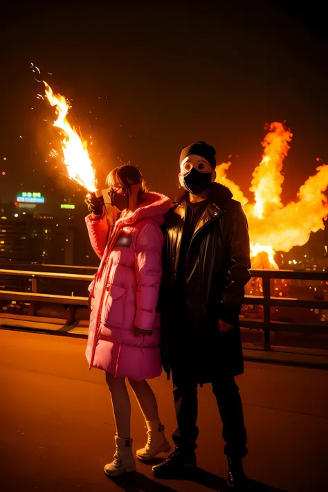 Large gas mask、fur-coat、dictator、Big dragon tattoo、Tattoos all over the body、Glowing headgear、On the rooftop、Huge background is a neon sign、Leather gloves、long boots、Holding a Japan sword、Baseball armor、insurrection、Nuclear power plant in the background、Te...