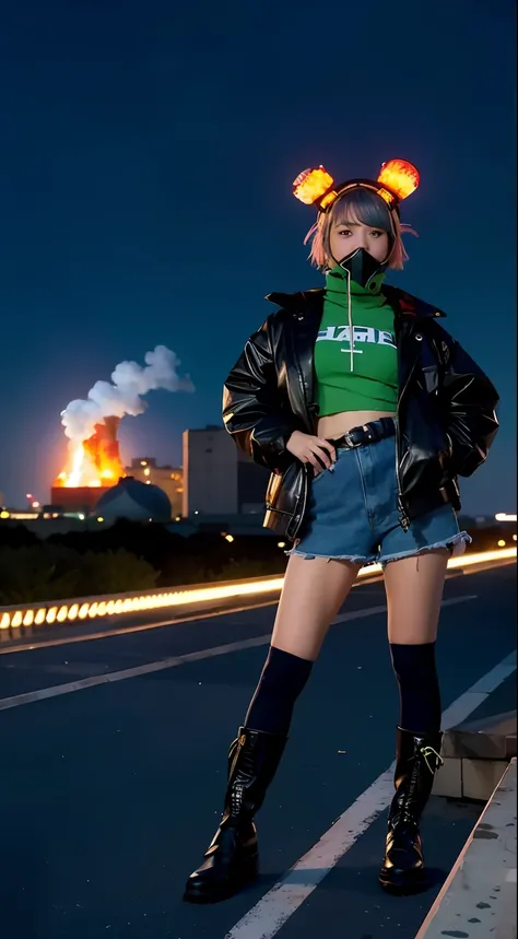 insurrection、Nuclear power plant in the background、Terrorist groups、Fluorescence Headgear、short-haired、bleu hair、Ignite fire from a flamethrower、middle school girl、14years、gas masks、high socks、Rooftop at night、tits out、Large gas mask、fur-coat、dictator、Big ...