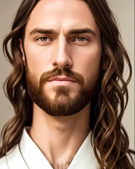 (symmetry),centered,a ((close)) up portrait,(jesus),a very thin white man with long hair and a beard,wearing a long white robe,3...