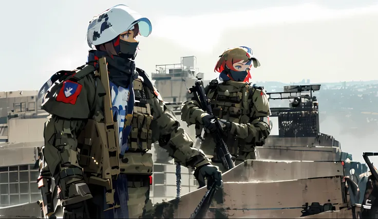 heavily armed soldiers stand on a ramp near the building, russian national guard, russian army infantry, clothes in military arm...