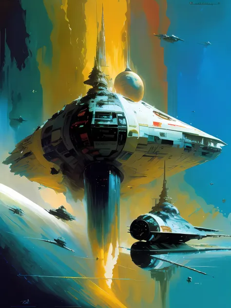 by john berkey john berkey oil painting star wars movie poster，a huge space cargo ship floats in space，the stars shine