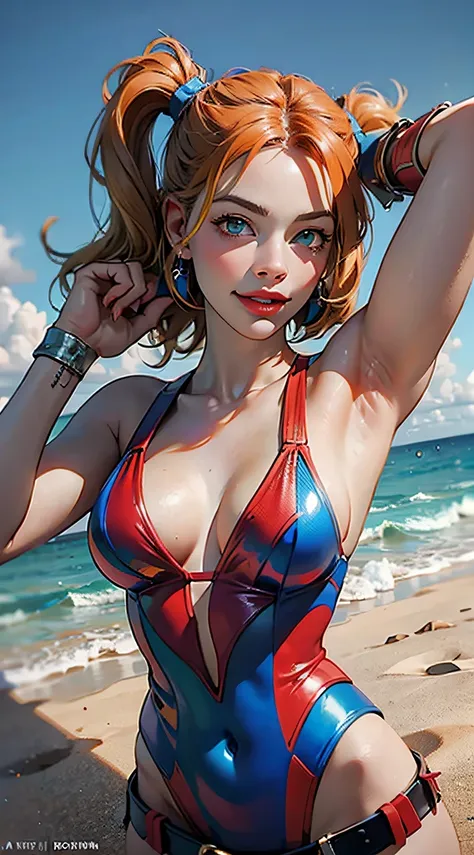 margot robbie as a gorgeous harley quinn standing on sand wind in the hair