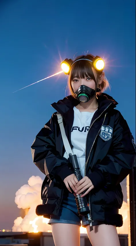 insurrection、Nuclear power plant in the background、Terrorist groups、Fluorescence Headgear、short-haired、bleu hair、Ignite fire from a flamethrower、middle school girl、14years、gas masks、high socks、Rooftop at night、tits out、Large gas mask、fur-coat、dictator、Big ...