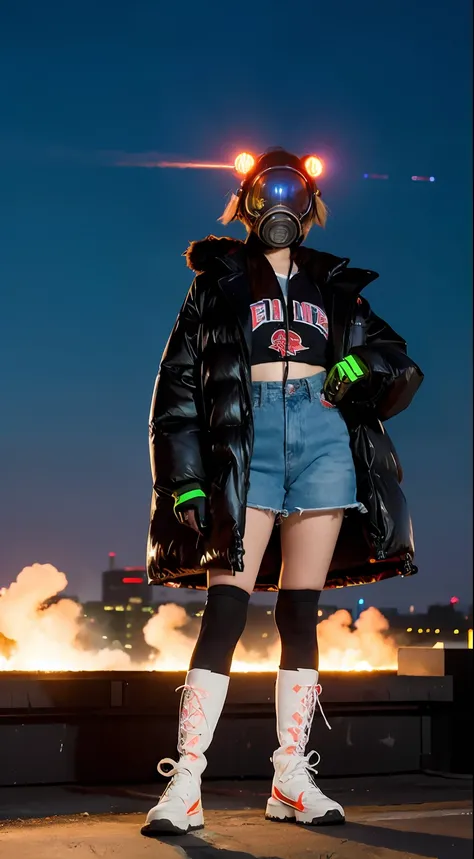 beautiful  Girl、Neon sign-on in the background、gals、Large gas mask、fur-coat、dictator、Big dragon tattoo、Tattoos all over the body、Glowing headgear、On the rooftop、Huge background is a neon sign、Leather gloves、long boots、Holding a Japan sword、Baseball armor、i...