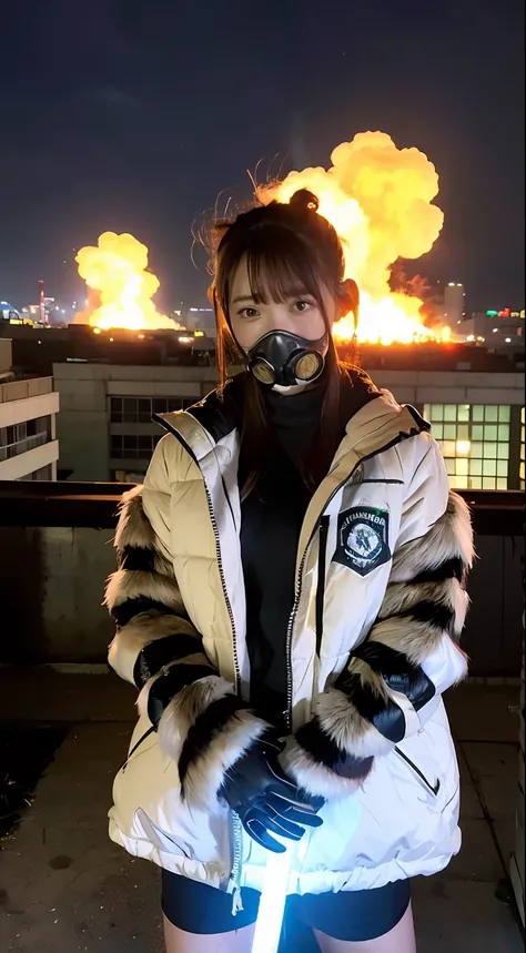 Large gas mask、fur-coat、dictator、Big dragon tattoo、Tattoos all over the body、Glowing headgear、On the rooftop、Huge background is a neon sign、Leather gloves、long boots、Holding a Japan sword、Baseball armor、insurrection、Nuclear power plant in the background、Te...