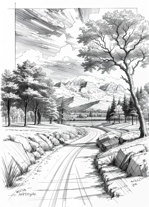 drawing of a landscape, sketch artstyle, grayscale, monochrome