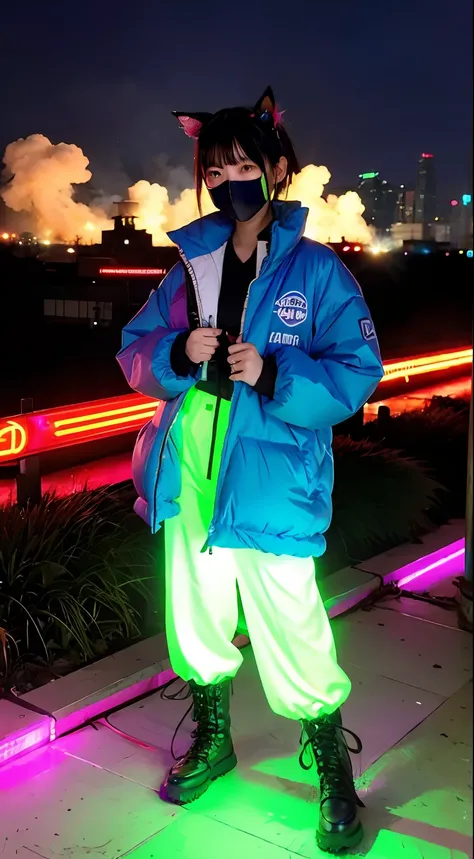 beautiful  Girl、Neon sign-on in the background、gals、Large gas mask、fur-coat、dictator、Big dragon tattoo、Tattoos all over the body、Glowing headgear、On the rooftop、Huge background is a neon sign、Leather gloves、long boots、Holding a Japan sword、Baseball armor、i...