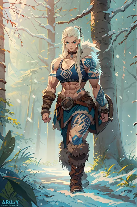 female viking, (young:1.2), (muscular:1.2), fit, wearing brown furs and hides, (blue norse tattoos:1.2), blue eyes, platinum blo...