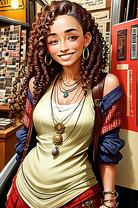 steampunk, steampunk, smiling woman in a small bookstore, necklaces, earrings, bracelets, chains, shirts, vests, belts