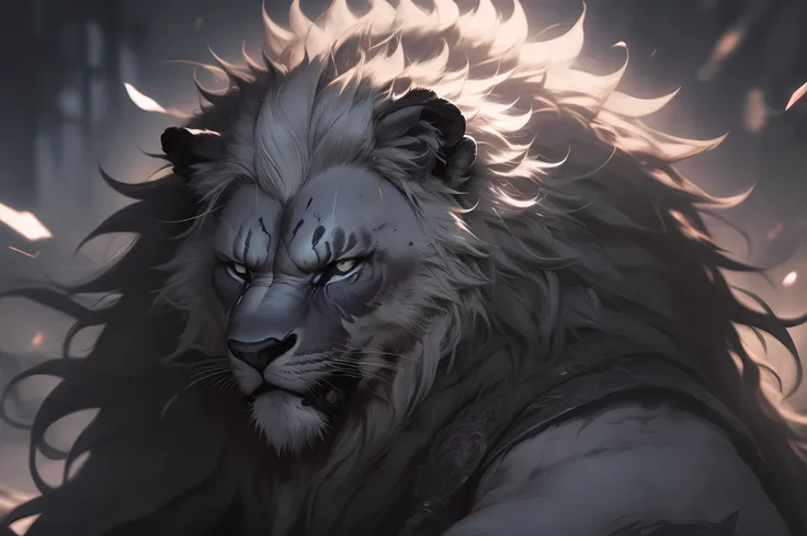 extremely detailed dark black lion, com olhos de fogo, extremely detailed expression of anger , extremely detailed white hair on...