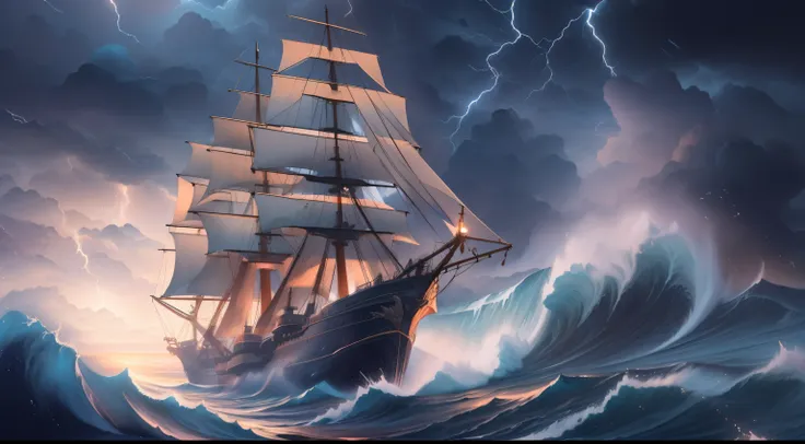 ((best quality)), ((masterpiece)), (detailed), rough ocean, (big ocean waves), (((storm atmospheric))), ((thunder)), lightning, ...