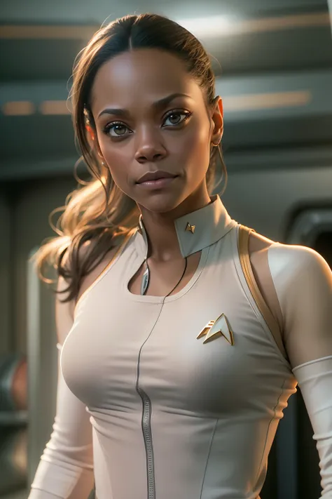 ((zoe saldana guckt neugierig)), ((she has round breasts)), ((startrek)), (ds9st uniform), ((uniform-hose)), ((white tank top)),...