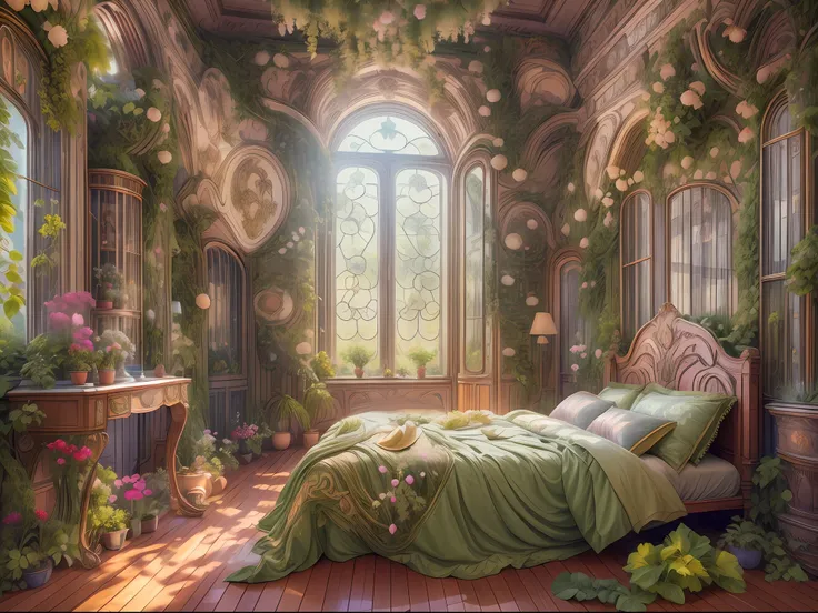 solarpunk dreamscape: the royal botanical sanctuary | generate an ornate botanical bedroom in the style of versailles in a solar...