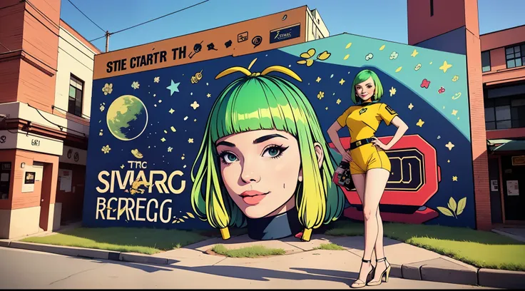 a stunning street art mural of a (solo girl) in a (sexy star trek uniform), posing with a smile and a tricorder in front of the ...