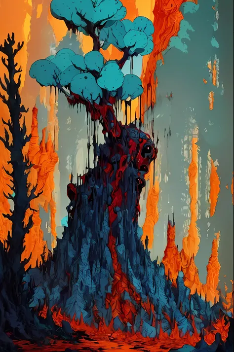 Man wearing straitjacket under charred tree, ao lado do corpo da mulher um cachorro feito de ossos devorando sua carne , guerra, horror, Cosmic Terror, tons sombrios, morbid atmosphere, desastre nuclear, distopia, catastrophe,misticismo,ocultismo, creepy,...