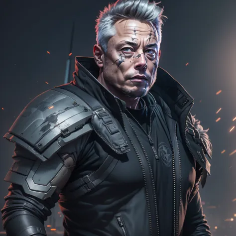 masterpiece, best quality, elon musk, wearing cyberpunk costume, very muscular, athletic, huge, gray hair, gray hair, scars, war...