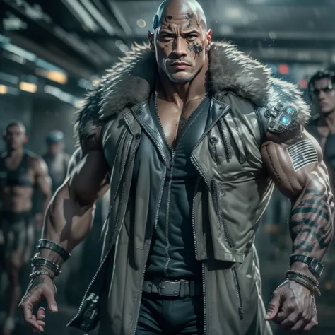 masterpiece, best quality, dwayne johnson, wearing cyberpunk costume, very muscular, athletic, huge, gray hair, gray hair, scars...