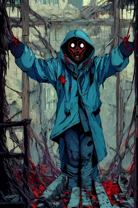 Man wearing straitjacket upside down inside bombed cell , guerra, horror, Cosmic Terror, tons sombrios, morbid atmosphere, desastre nuclear, distopia, catastrophe,misticismo,ocultismo, creepy,pesadelo,sangue,Apocalipse, Lovecraft, Anime por Kilian Eng