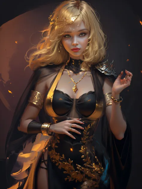 blond haired woman in a black dress with a gold chain around her neck, wlop art, art of wlop, deviantart artstation cgscosiety, ...