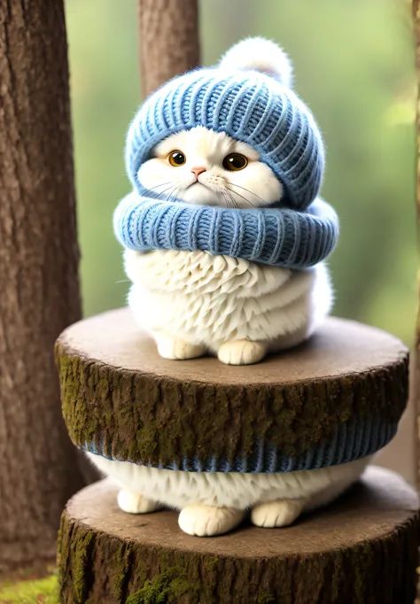 fluffy cat sitting at the base of a tree in the middle of the mountain、yarn hat