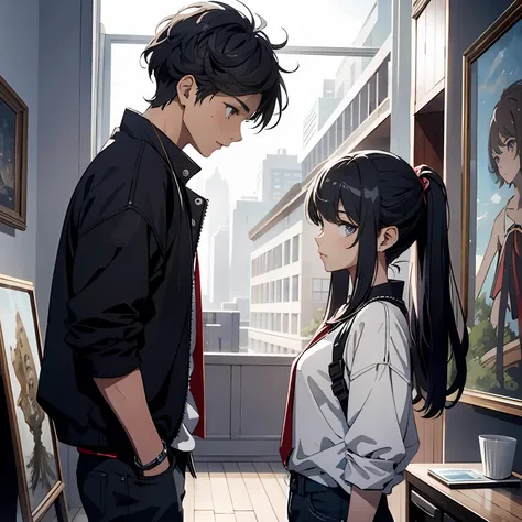 (masterpiece, best quality, intriguing beautiful anime art:1.4) of 1boy and 1girl in the style of jean michel basquiat, trending...