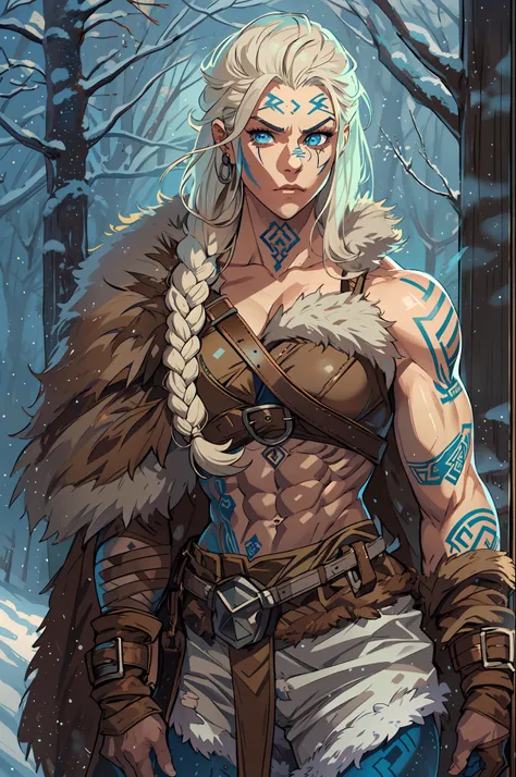 female viking, (young:1.2), (muscular:1.2), fit, wearing brown furs and hides, (blue norse tattoos:1.2), blue eyes, platinum blo...