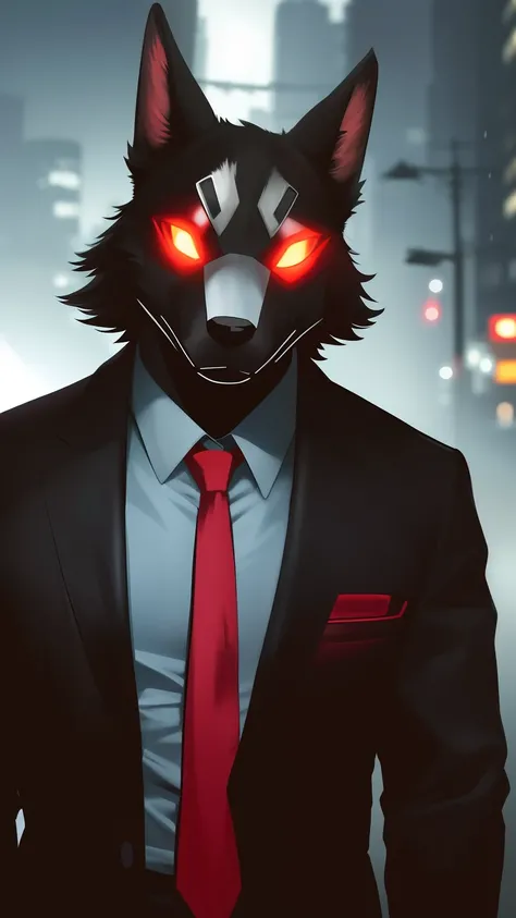 anthro, Man Black Dog, (protogen:1.1), Mechanical parts, whiskers, Very detailed portrait of a solo-1 man, Standing in the streets, during a downpour, neon and cyberpunk background, She is dressed in coat-clothes, tie, detailed glowing red eyes with distin...